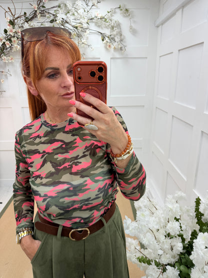Maddox: Camo print sheer mesh top. 10-18. 2 colours