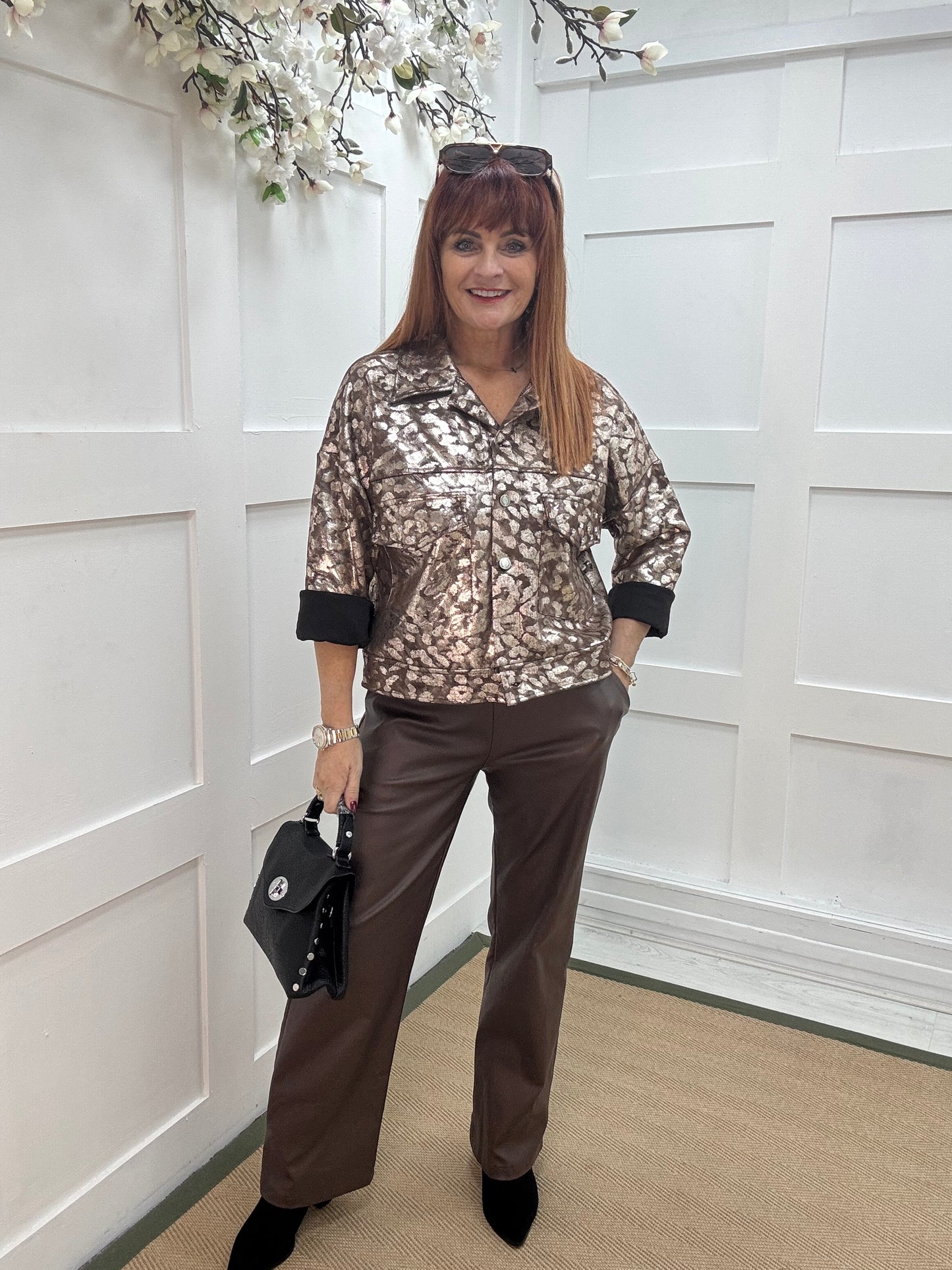 Ramona: Brown and gold luxe leopard jacket . One size: 10-16