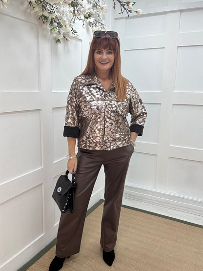 Ramona: Brown and gold luxe leopard jacket . One size: 10-16