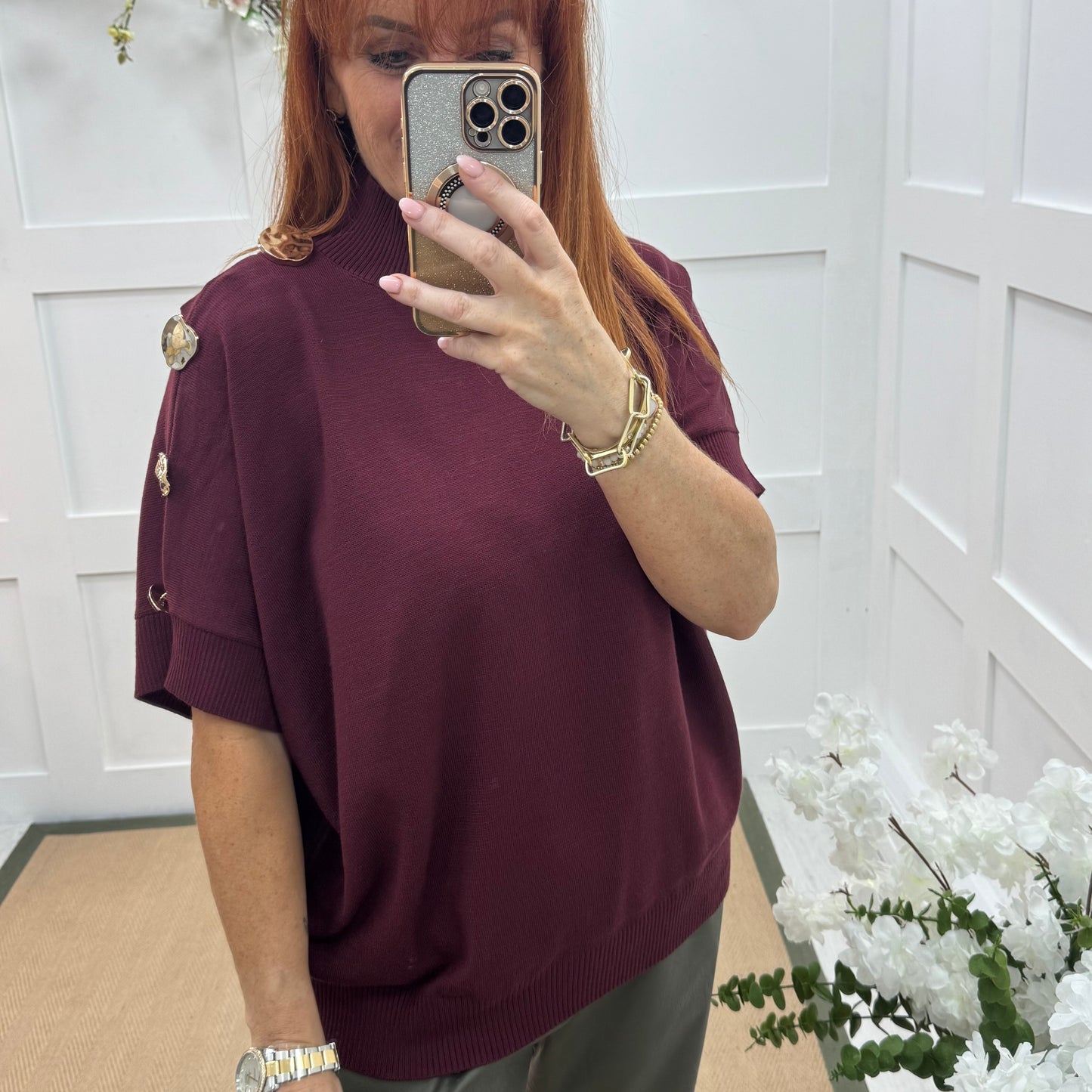 Camille: Burgundy short sleeve gold button top. One Size 12-20