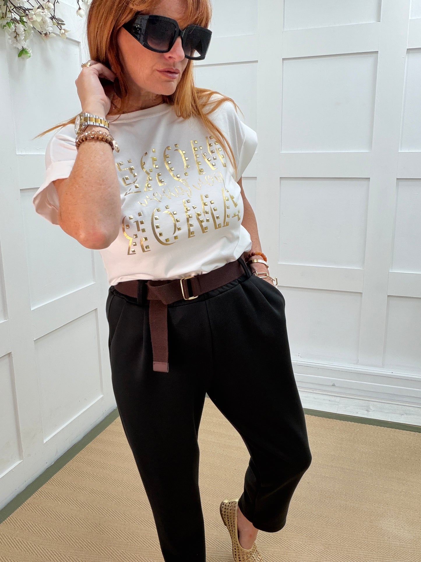Sally: Stretchy tapered leg pocket trousers. One size: 10-16. 6 colours