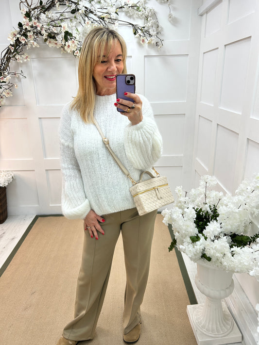 Belle: White ribbed balloon sleeve knit top. One size 12-18