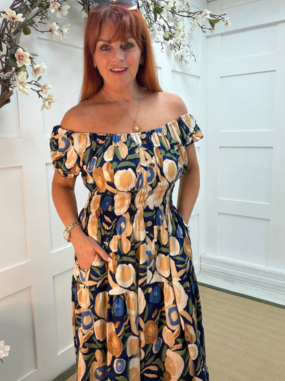 Aria: Blue abstract stretchy bardot maxi dress. One size: 10-18