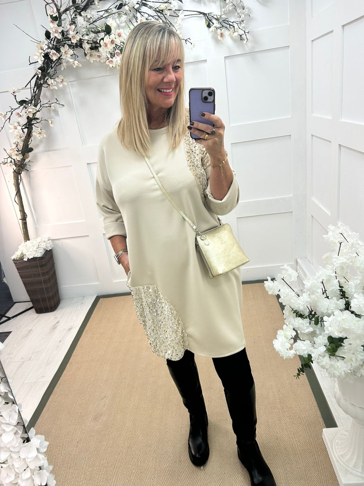 Noelle: Cream sparkle tunic top. One size: 16-20