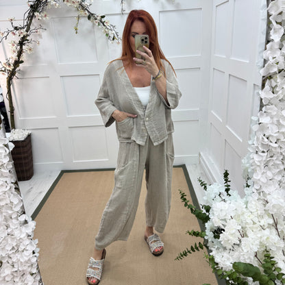 Kelsey: Stone jacket & trouser co-ord set. One size: 14-20/22