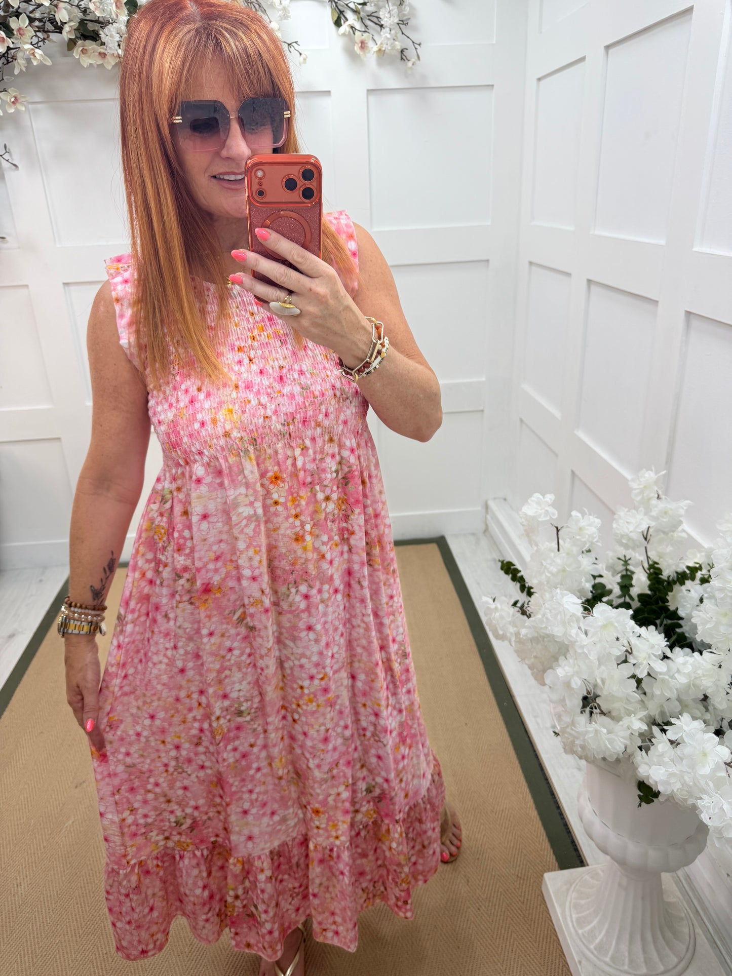 Carmen: Floral shirred midi dress. One size 10-16. Various colours