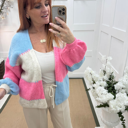 Honey: Blue stripe slouch soft knit cardigan. One size 10-18