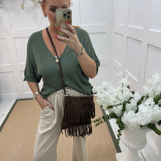 Tanya: Brown real suede tassel cross body bag.