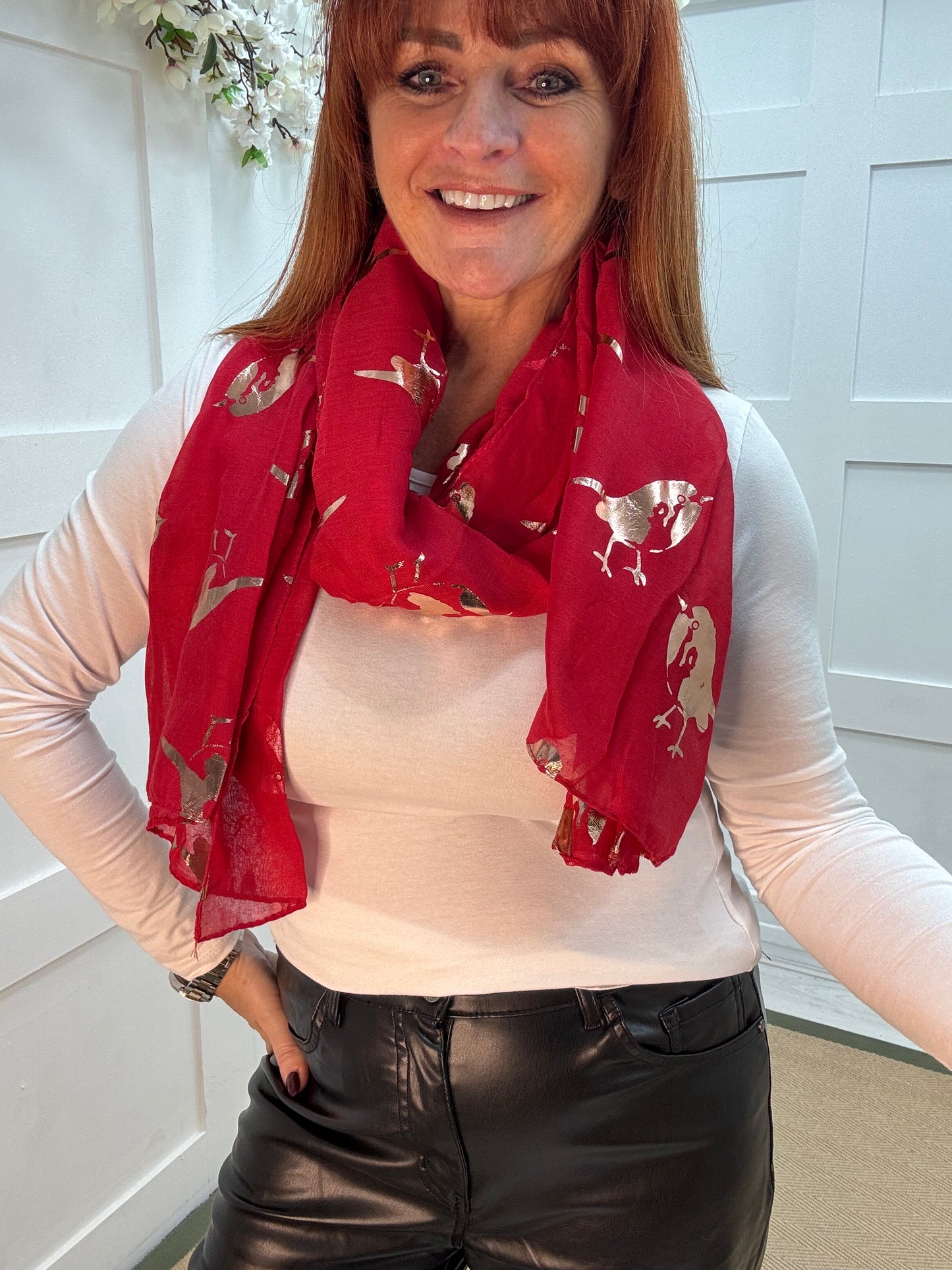Ria: Red & gold metallic robin bird scarf