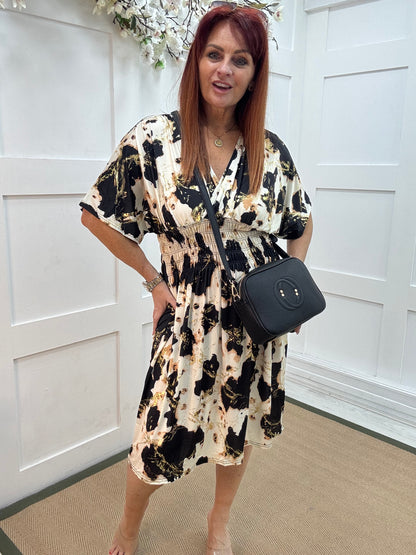 Dixi: Black & cream stretchy midi wrap dress. One size 12-22