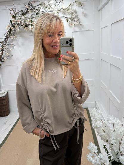 Nancy: NYC ruched sweatshirt. One size: 10-16. 3 colours