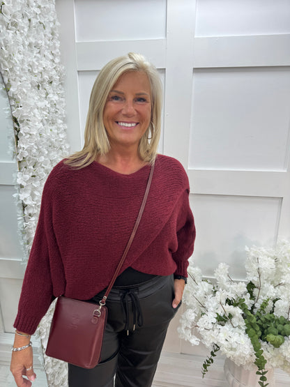 Willow: Burgundy stretchy short wrap top. One size: 10-18