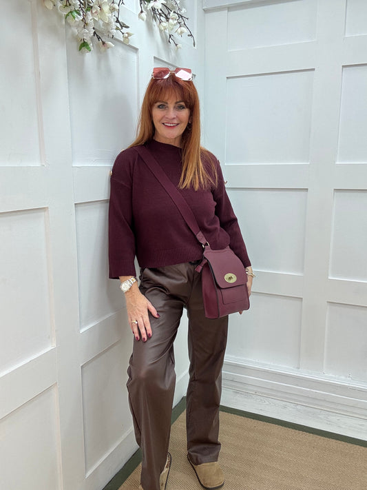 Lorna: Burgundy gold button knitted top. One Sz: 10-16