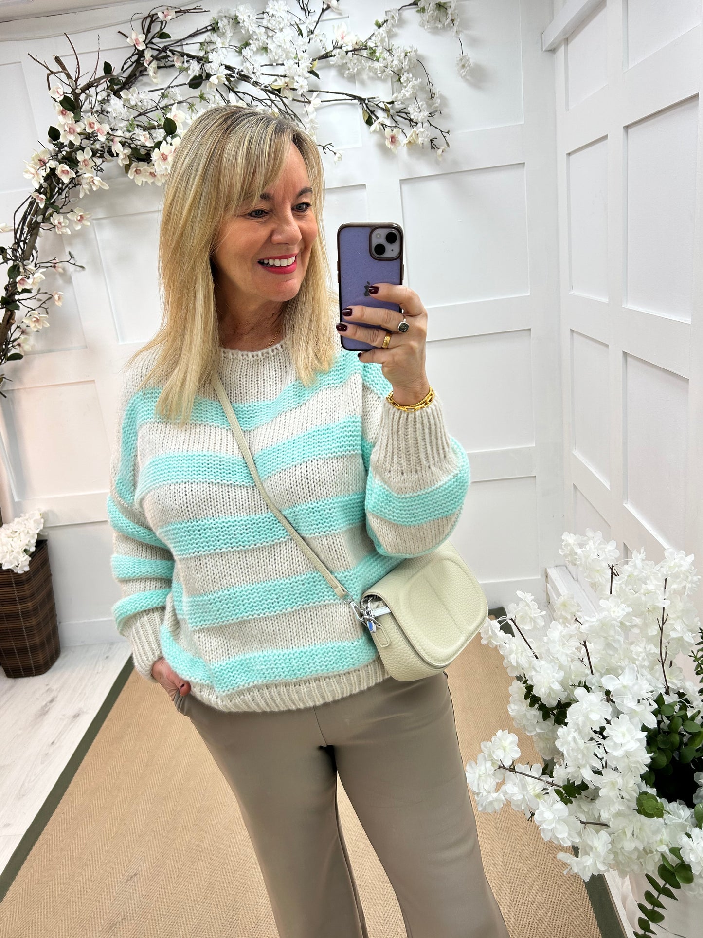 Beth: Mint & cream stripe knitted top. One Sz: 12-18