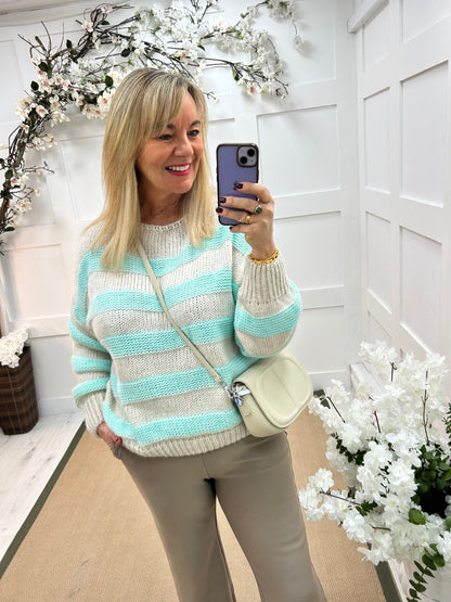 Beth: Mint & cream stripe knitted top. One Sz: 12-18