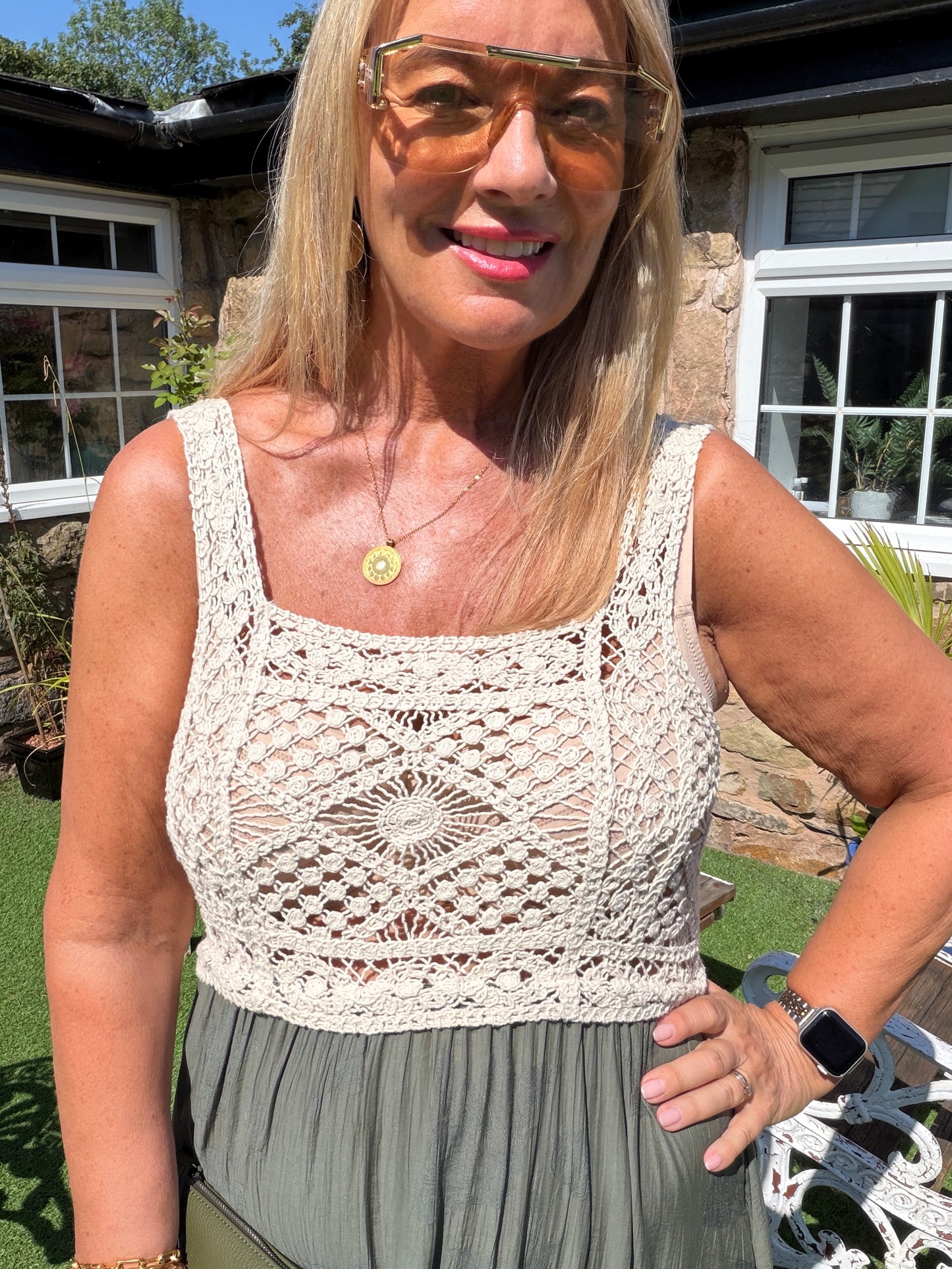 Carly: Cream crochet top maxi dress. One size: 10-16. 3 colours