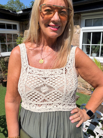Carly: Cream crochet top maxi dress. One size: 10-16. 3 colours
