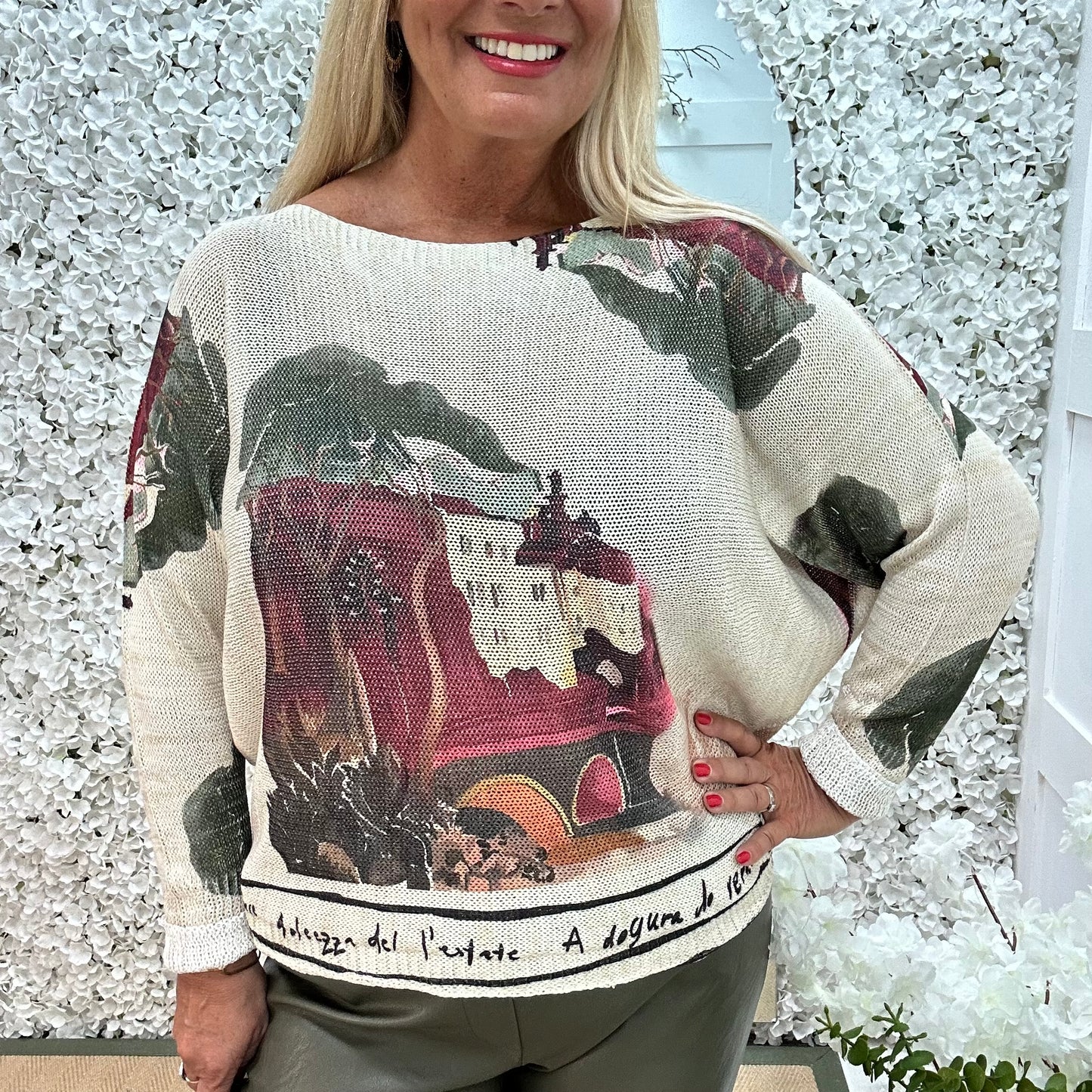 Billie: Burgundy Italian print stretchy top. One size: 12-18