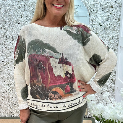 Billie: Burgundy Italian print stretchy top. One size: 12-18