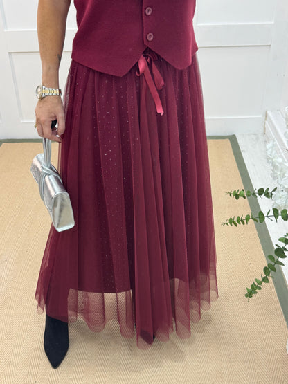 Linzi: Red diamanté tulle net skirt. One size 12-18