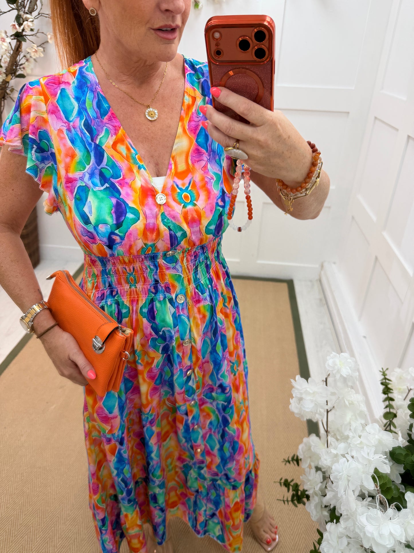 Robyn: Multicoloured V neck stretchy magic maxi dress. One size: 10-18