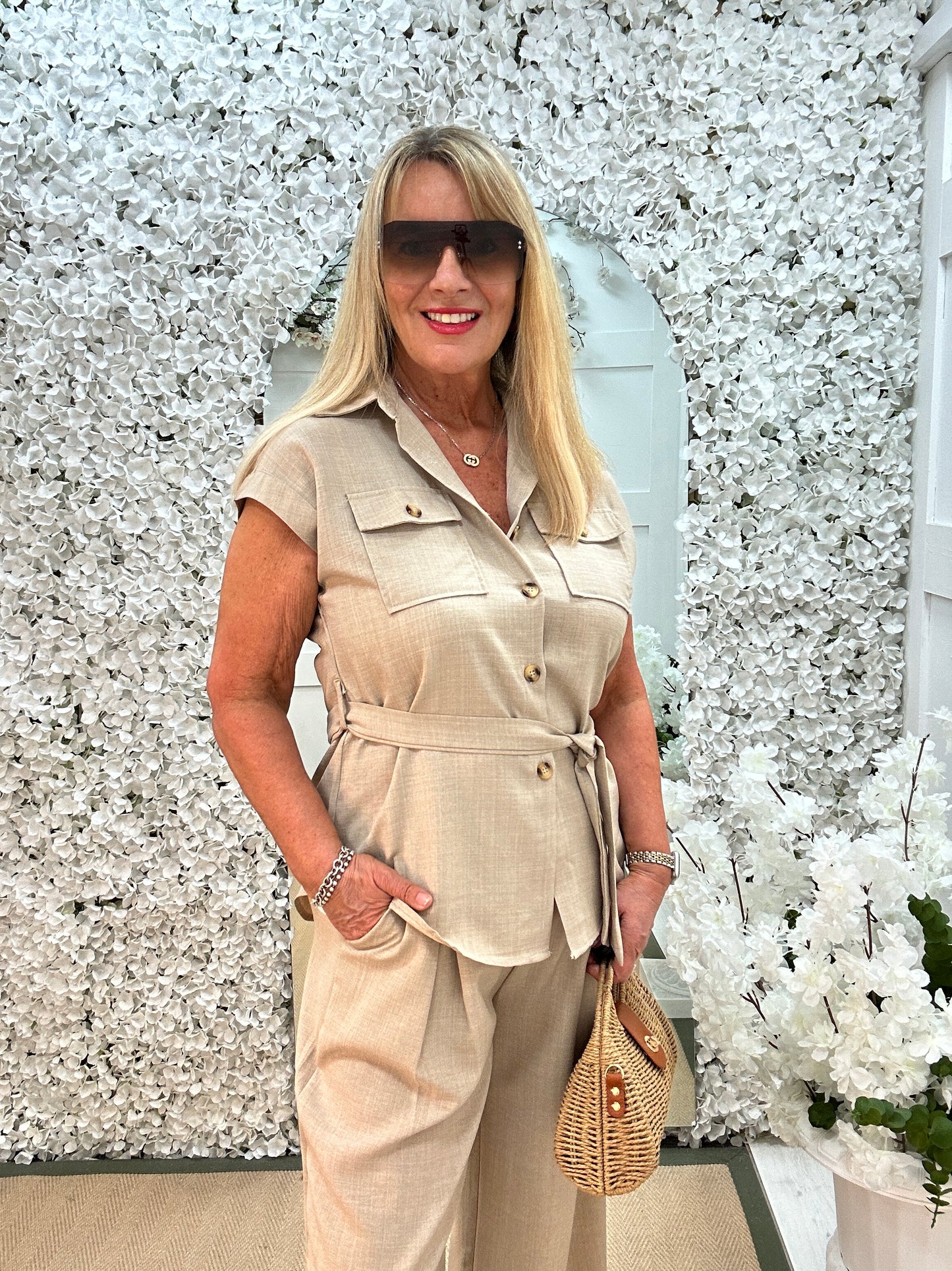 Clara: Beige belted shirt & trouser safari set. 2 sizes.