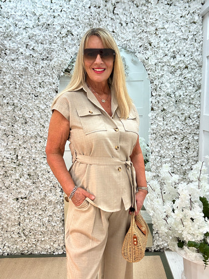 Clara: Beige belted shirt & trouser safari set. 2 sizes.