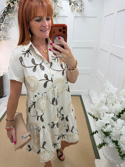 Emily: Floral embroidered button front midi dress. One size: 10-16. 3 colours