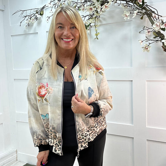 Evelyn: Frida Kahlo print soft feel bomber jacket. One size: 16-20