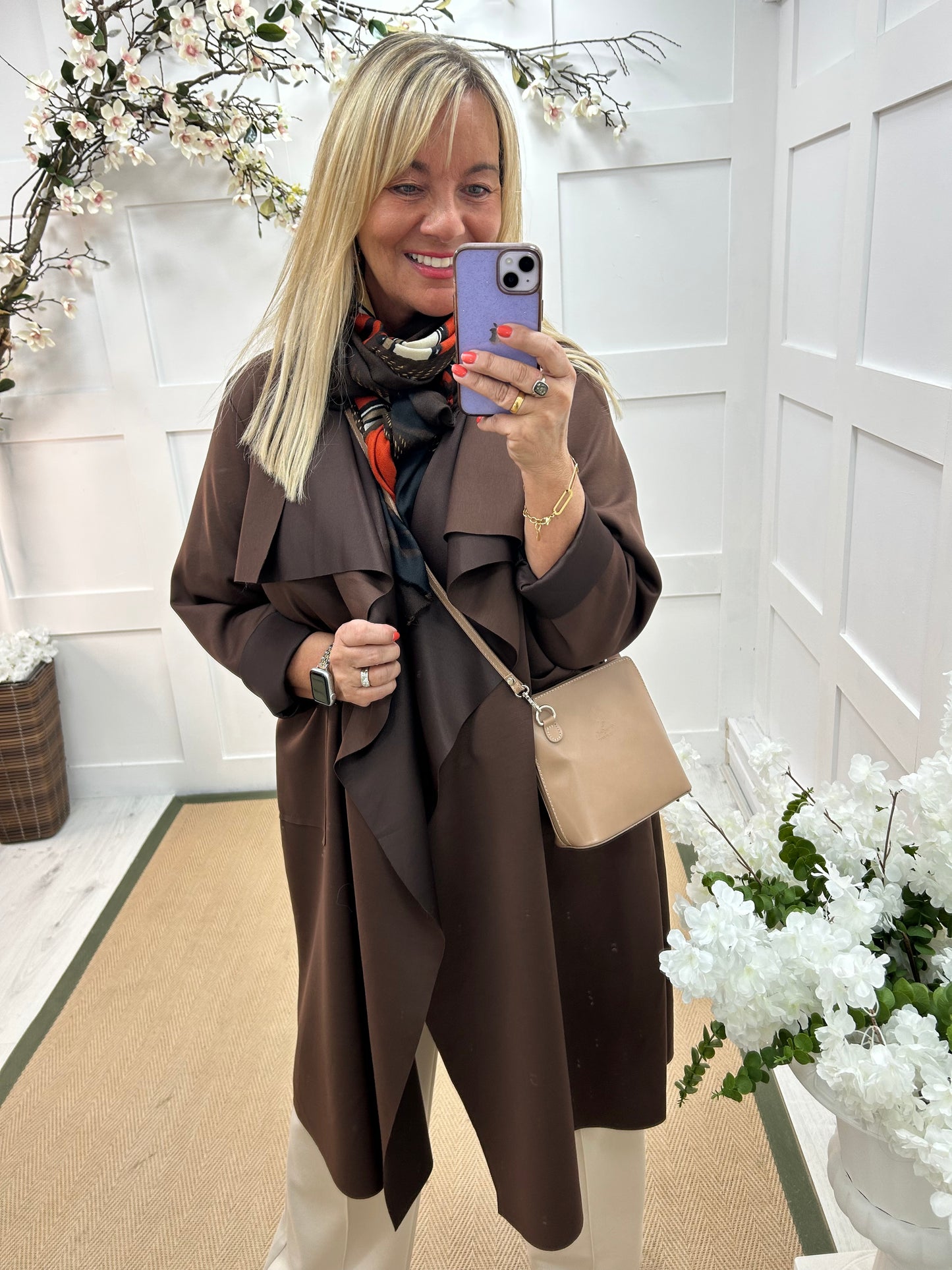 Marlowe: Brown waterfall coat with pockets. One size 14-20