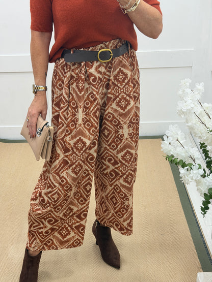Florrie: Printed needlecord barrel leg belted trousers. One size: 10-18. 3 colours