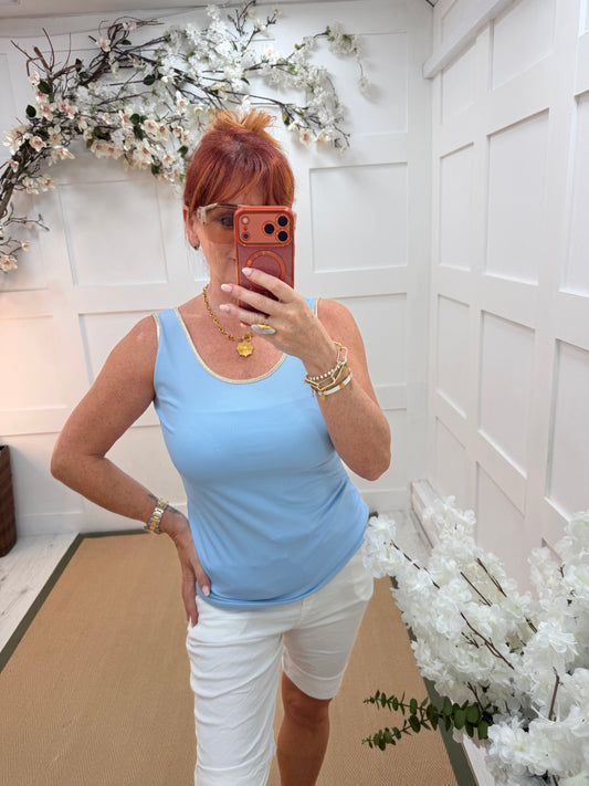 Lydia: Gold trim stretchy vest top. One size: 10-16. 3 colours