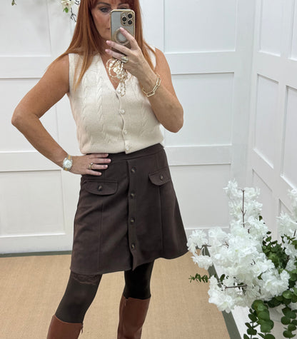 Destiny: Brown suedette pocket mini skirt. One size: 10-14
