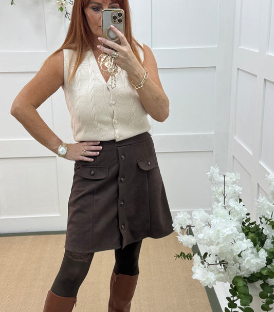 Destiny: Brown suedette pocket mini skirt. One size: 10-14