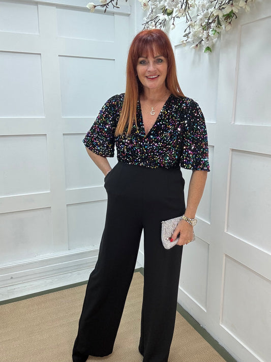 Delphine: Multicoloured velvet sequin wide leg jumpsuit. Sizes 8-12