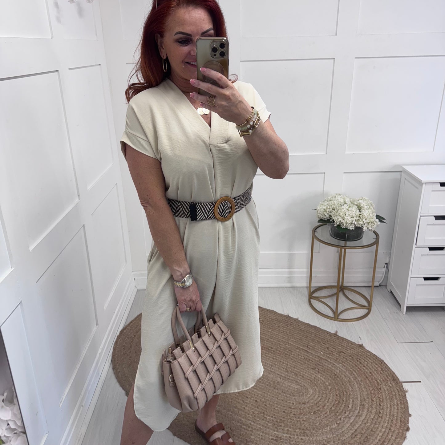 Azora: Cream V neck belted midi dress. One size 10-18