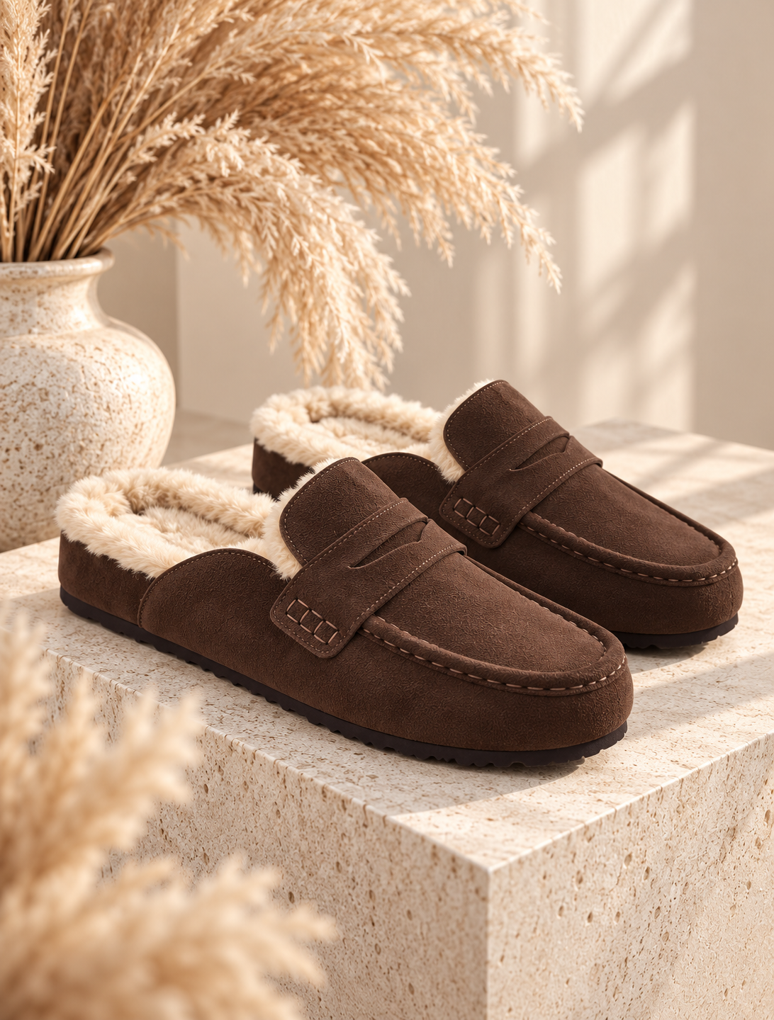 Morgan: Suede faux fur loafer mule. Sizes: 3-8. 2 colours