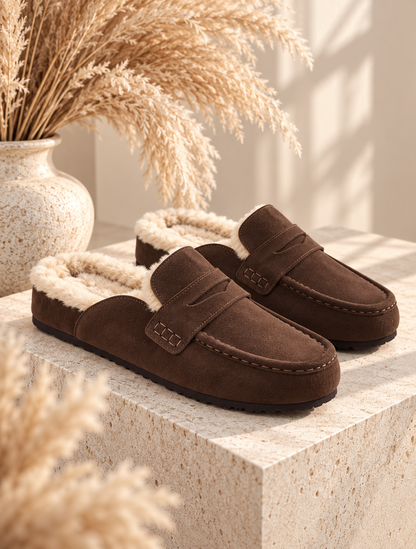 Morgan: Suede faux fur loafer mule. Sizes: 3-8. 2 colours