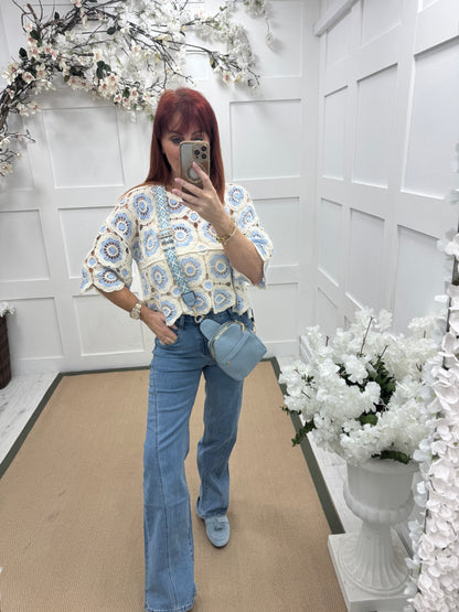 Candy: Blue and cream short crochet top. One size: 12-16