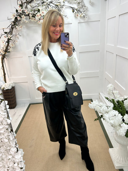 Fleur: Cream embroidered shoulder knit. 2 sizes