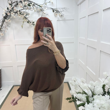 Sierra: Chocolate brown batwing fluted sleeve knitted  top. One Size 12-18/20
