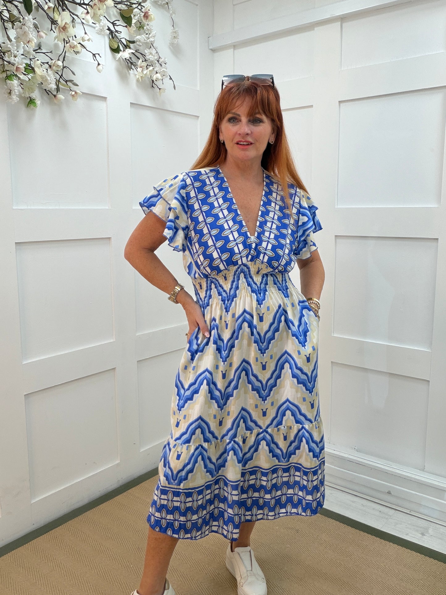 Piper: Blue & cream stretchy V neck midi dress. One size: 10-18
