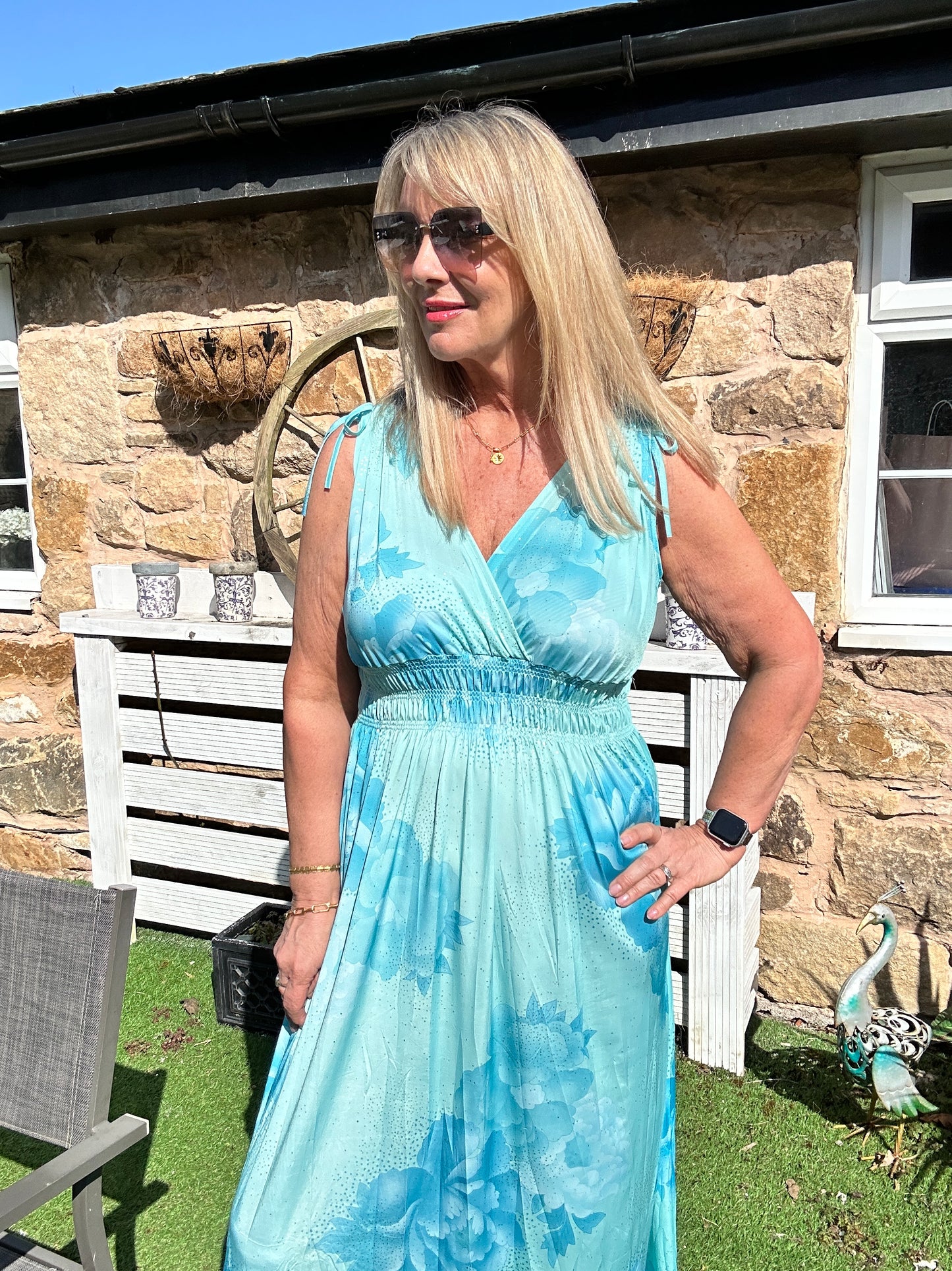 Phoebe: Stretchy turquoise blue maxi dress. One size 12-18