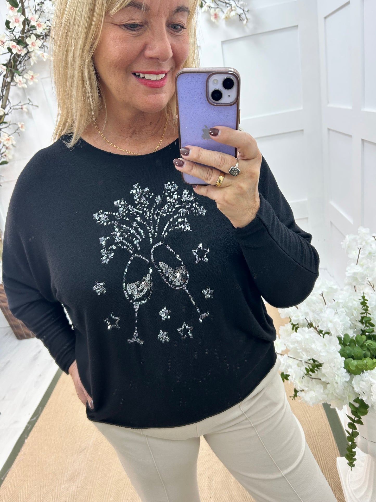 Cynthia: Black and silver wine glass sequin top. One size: 14-18