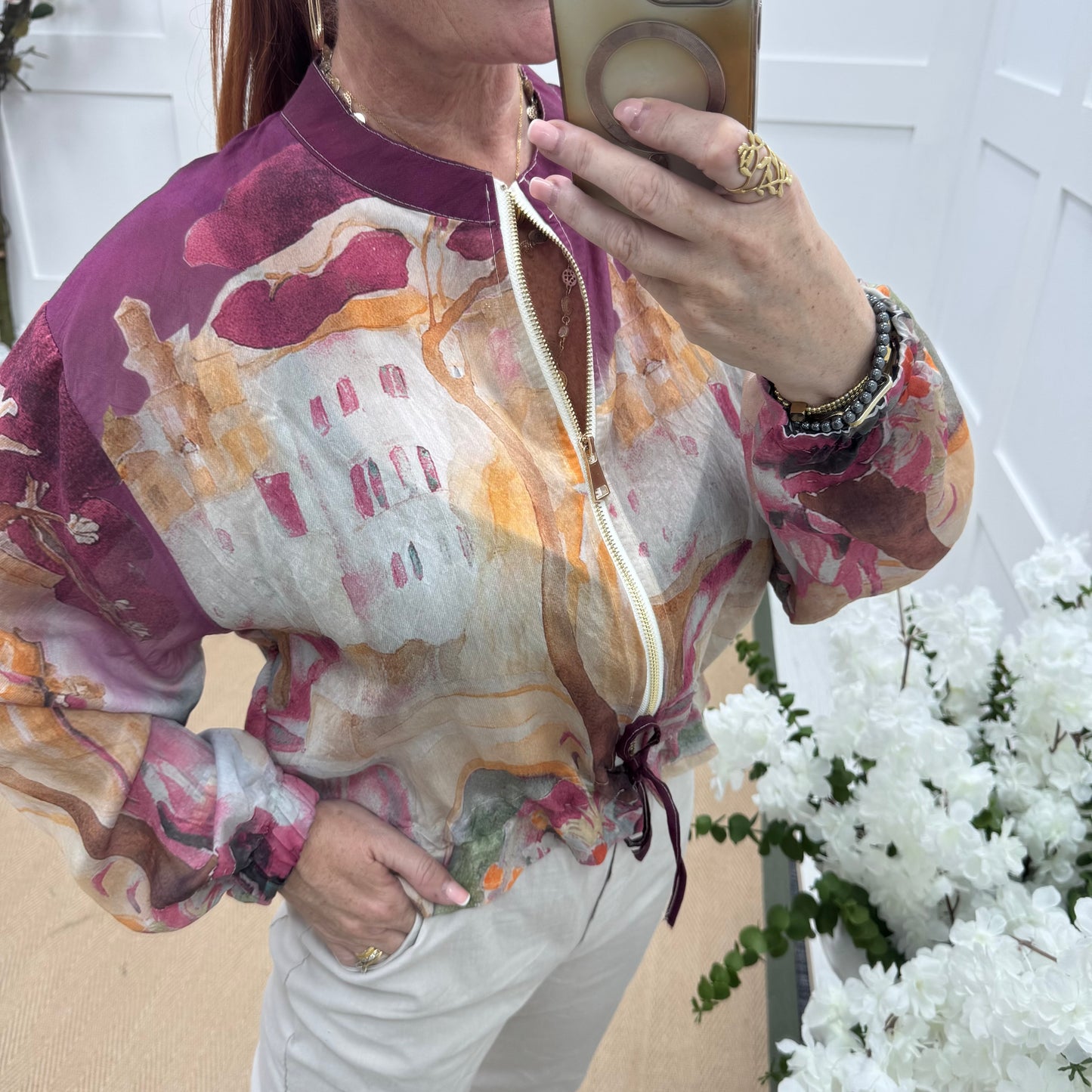 Sutton: Silky burgundy tree printed bomber jacket. One size: 8-18