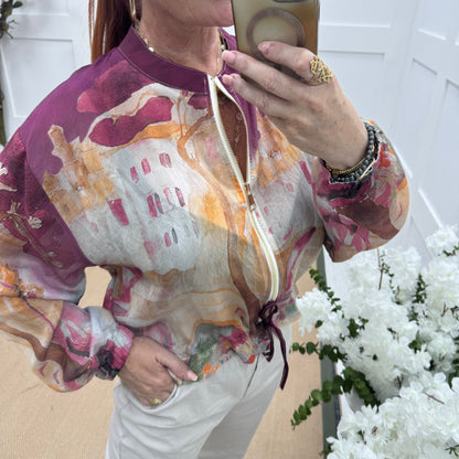 Sutton: Silky burgundy tree printed bomber jacket. One size: 8-18