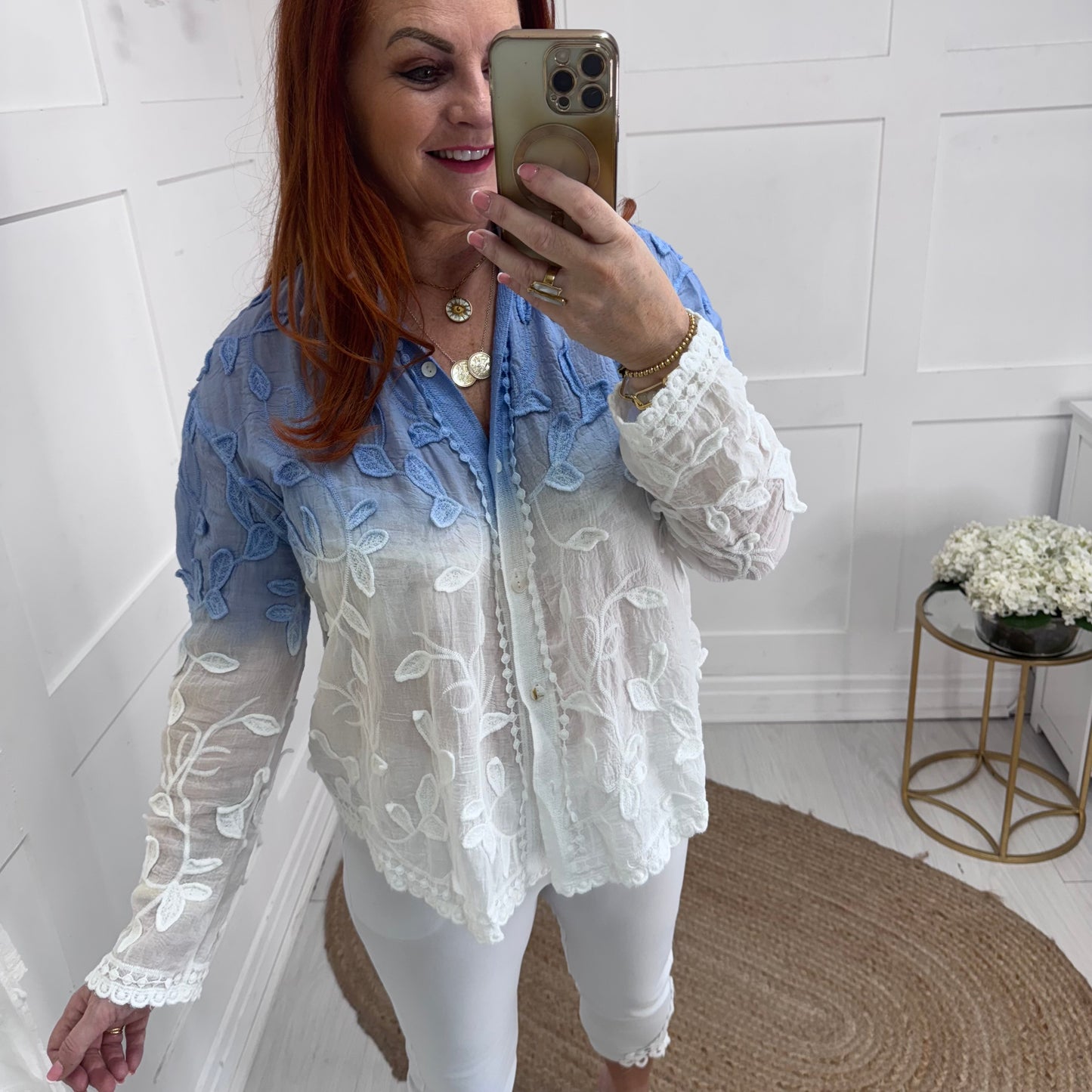 Jazz: Blue ombre embroidered leaf shirt. One size: 12-16