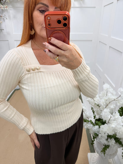 Camille: Ribbed gold button top. 2 sizes. 3 colours