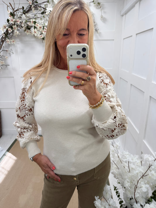 Celine: Cream crochet balloon sleeve top. One size 10-16.