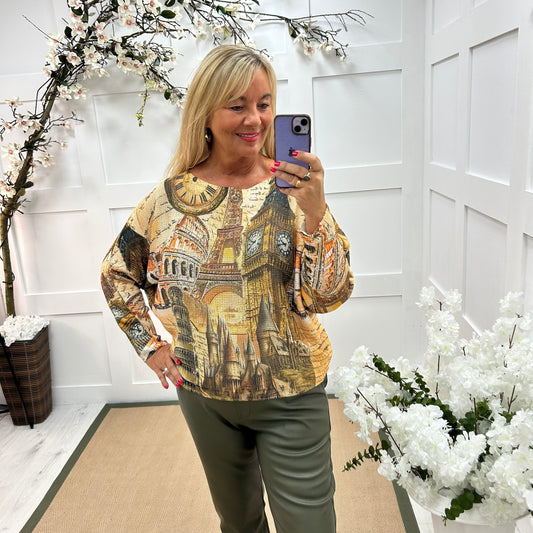 Chiara: Gold iconic building print stretchy top. One size: 12-18